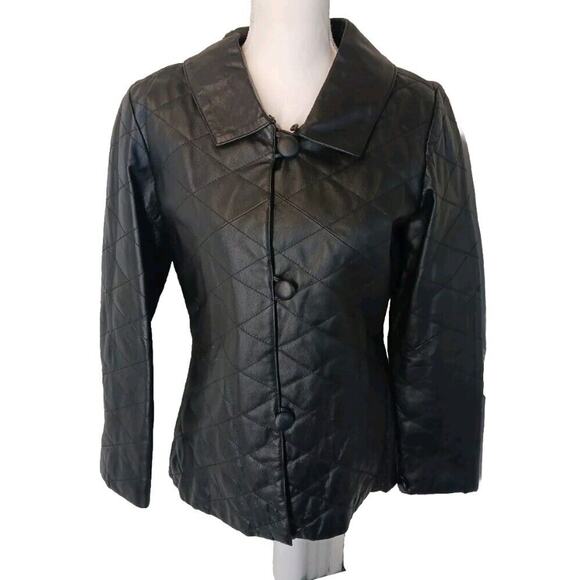 Hillard and Hanson Quilted 100% Leather Jacket Women’s Size S Black Fitted Lined - Picture 1 of 6
